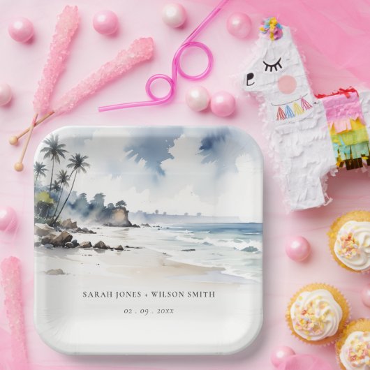 Kust Bali Beach Palm Tree Waterverf Bruiloft Papieren Bordje (Feest)
