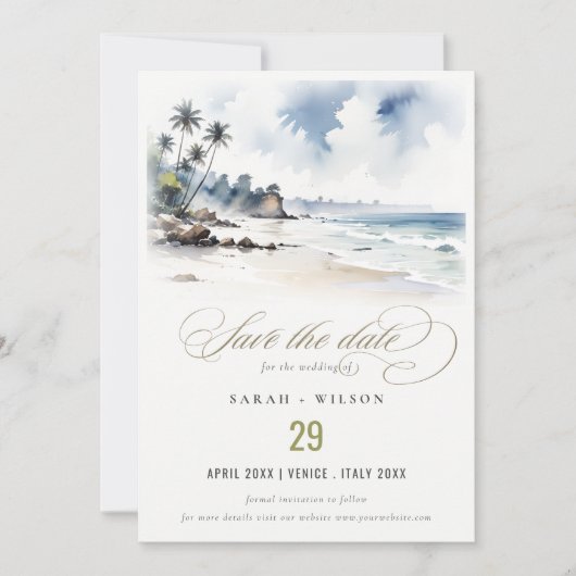 Kust Bali Beach Palm Tree Waterverf Bruiloft Save The Date (Voorkant)
