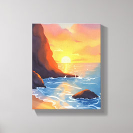 Kust bij zonsondergang | Strand Oceaan Golven Canvas Afdruk