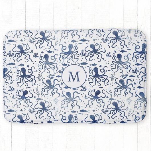 Kust Blauw Aquarel Onderwater Octopus Monogram Badmat