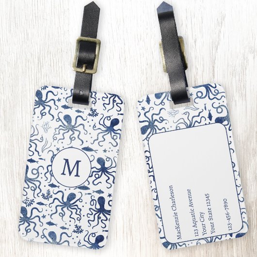 Kust Blauw Aquarel Onderwater Octopus Monogram Bagagelabel