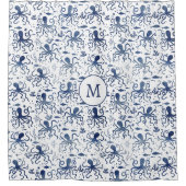 Kust Blauw Aquarel Onderwater Octopus Monogram Douchegordijn (Voorkant)