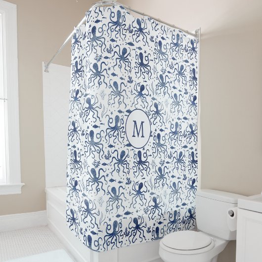 Kust Blauw Aquarel Onderwater Octopus Monogram Douchegordijn