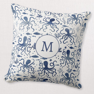 Kust Blauw Aquarel Onderwater Octopus Monogram Kussen