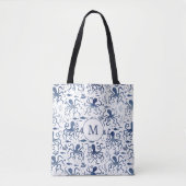 Kust Blauw Aquarel Onderwater Octopus Monogram Tote Bag (Voorkant)