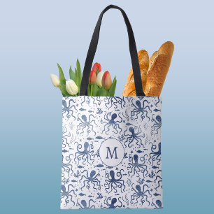 Kust Blauw Aquarel Onderwater Octopus Monogram Tote Bag