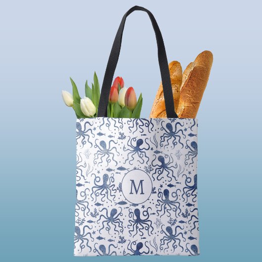 Kust Blauw Aquarel Onderwater Octopus Monogram Tote Bag