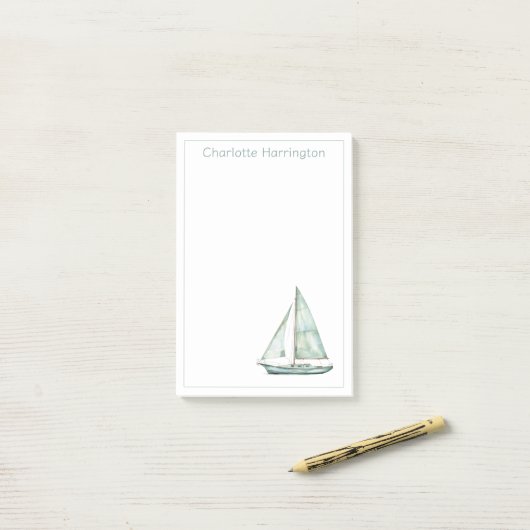 Kust Blauw Aquarel Zeilboot Gepersonaliseerd Post-it® Notes (Op bureau)