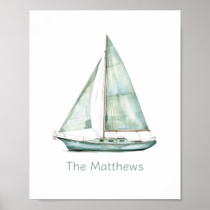 Kust Blauw Aquarel Zeilboot Gepersonaliseerd Poster