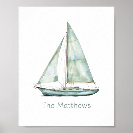 Kust Blauw Aquarel Zeilboot Gepersonaliseerd Poster (Voorkant)
