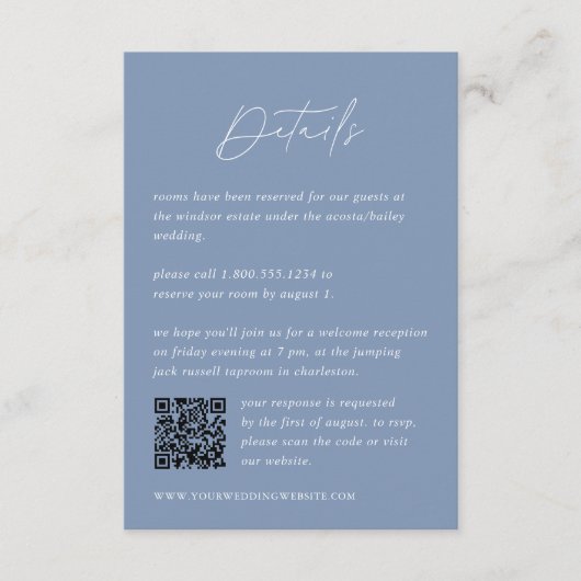 Kust Blauw bruiloft Details QR Code Informatiekaartje (Voorkant)