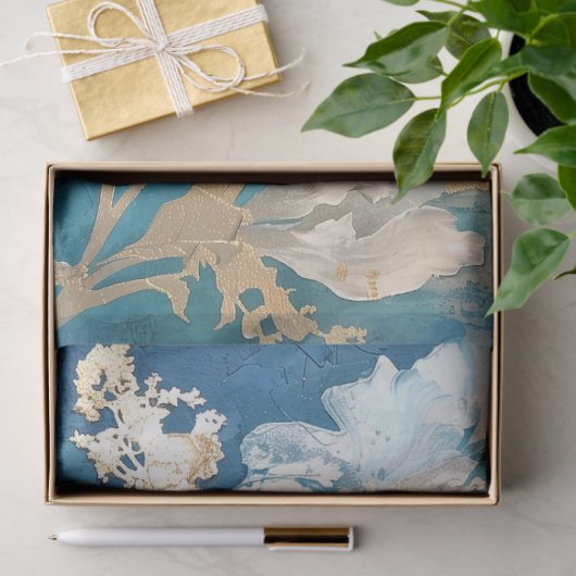Kust Blauw en Goud Bloemen Zeewier Tissuepapier (Geschenk)