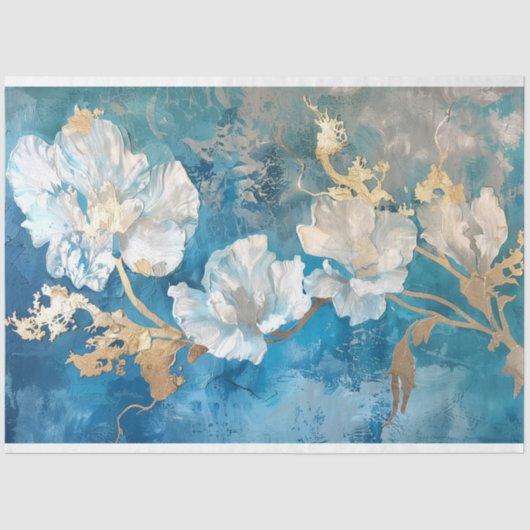 Kust Blauw en Goud Bloemen Zeewier Tissuepapier (Voorkant)