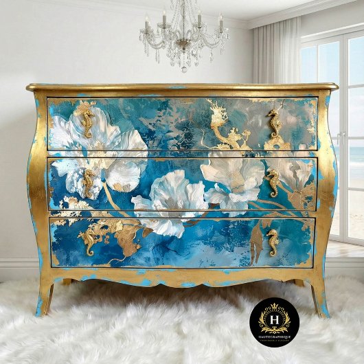 Kust Blauw en Goud Bloemen Zeewier Tissuepapier