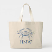 Kust Blauw en Wit Krab Monogram Grote Tote Bag (Achterkant)