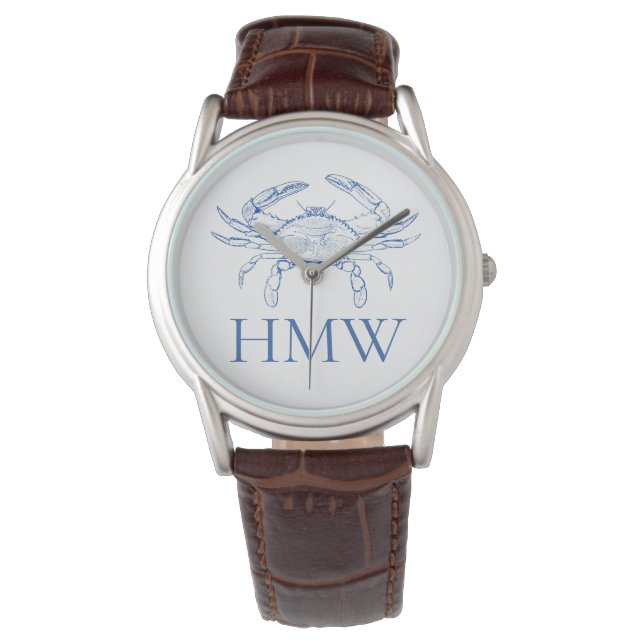 Kust Blauw en Wit Krab Monogram Horloge (Voorkant)
