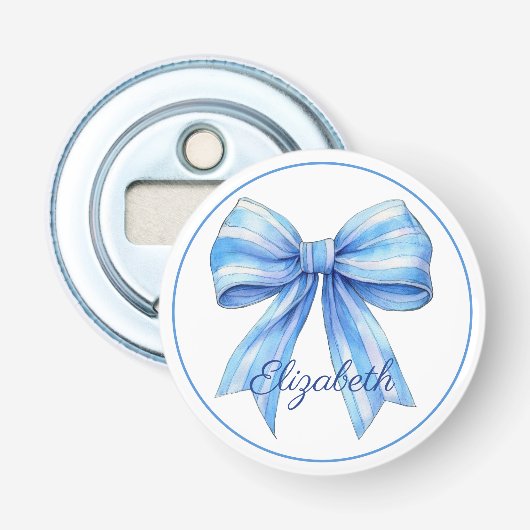 Kust Blauw en Wit Waterverf Bow Gepersonaliseerd Button Flesopener (Voorkant)