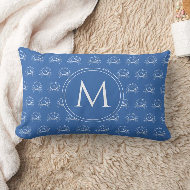 Kust Blauw en Witte Krabben Monogram Kussen (Deken)