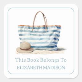 Kust Blauw en Witte Streep Strand Tas Bookplate Vierkante Sticker