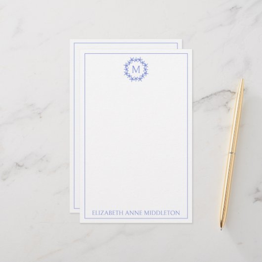 Kust Blauw en Witte Zeester Krans Monogram Briefpapier (Voorkant / Achterkant in situ)