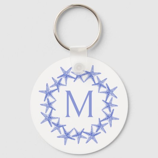 Kust Blauw en Witte Zeester Krans Monogram Sleutelhanger (Voorkant)