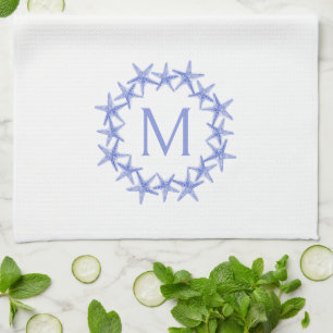 Kust Blauw en Witte Zeester Krans Monogram Theedoek