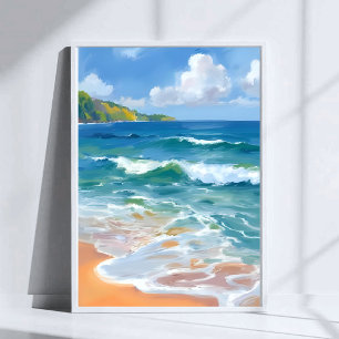 Kust Blauw Golf Ocean Watercolor Schilderij Poster