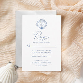 Kust Blauw Schelp Monogram Bruiloft RSVP Kaartje