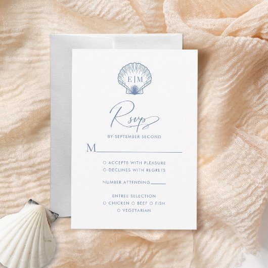 Kust Blauw Schelp Monogram Bruiloft RSVP Kaartje