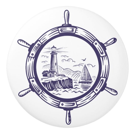 Kust Blauw Strand Vuurtoren Schip Wiel Nautisch Keramische Knop (Voorkant)