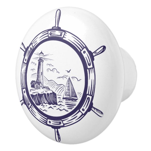 Kust Blauw Strand Vuurtoren Schip Wiel Nautisch Keramische Knop (Rechts)