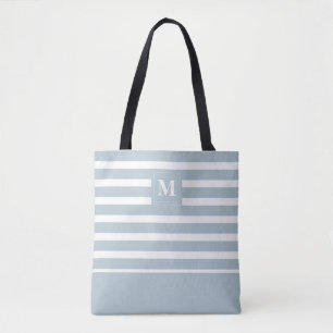Kust Blauw Wit Gestreept Strand Monogram Tote Bag