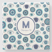 Kust Blauw Wit Grieks Evil Eye Beach House Stenen Onderzetter (Voorkant)
