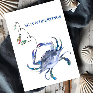 Kust Blauwe Krab Waterverf Strand Kerstmis Kaart