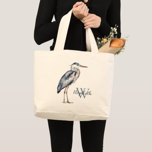 Kust Blauwe Reiger Vogel Monogram Grote Tote Bag (Voorkant (product))