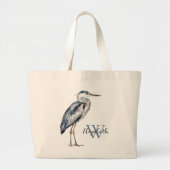 Kust Blauwe Reiger Vogel Monogram Grote Tote Bag (Voorkant)