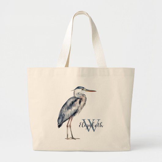 Kust Blauwe Reiger Vogel Monogram Grote Tote Bag (Voorkant)