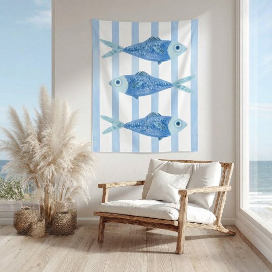 Kust Blauwe Sardines Gestreept  Wandkleed