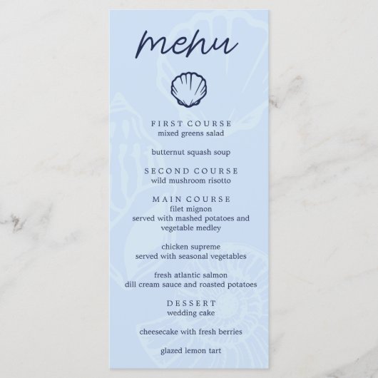 Kust Blauwe Schelpen Bruiloft Menu (Voorkant)