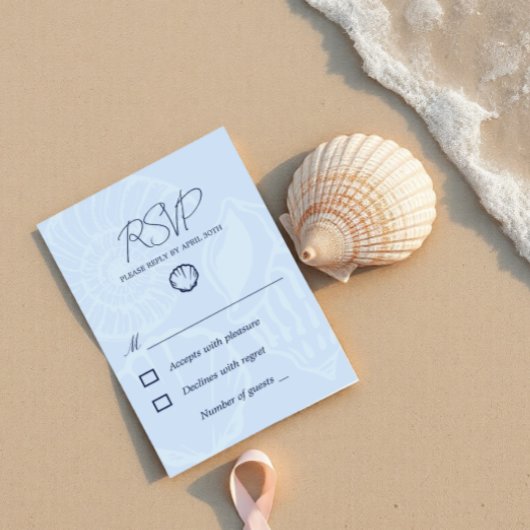 Kust Blauwe Schelpen Bruiloft RSVP Kaartje
