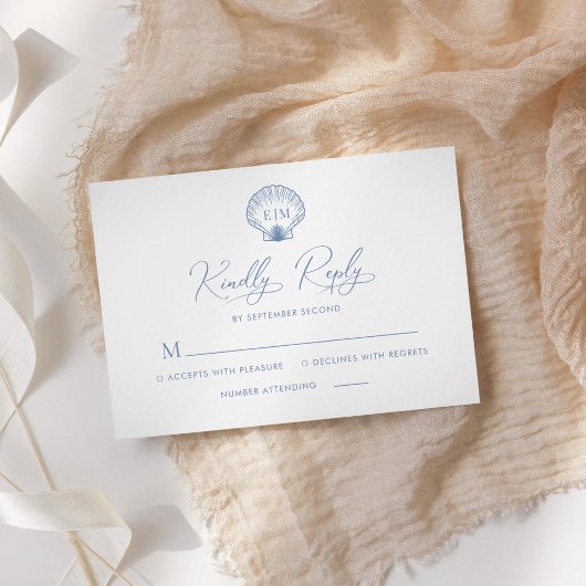 Kust Blauwe Strand Schelp Monogram Bruiloft RSVP Kaartje
