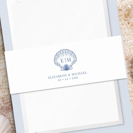 Kust Blauwe Strand Schelp Monogram Bruiloft Uitnodigingen Wikkel