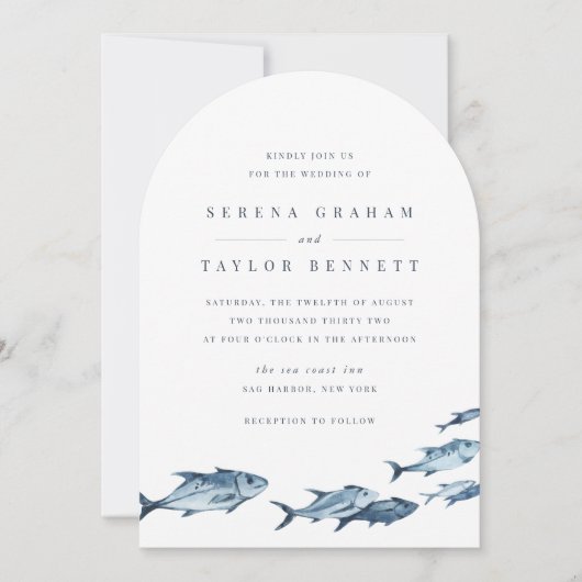 Kust Blauwe Waterverf Vis bruiloft Kaart (Voorkant)