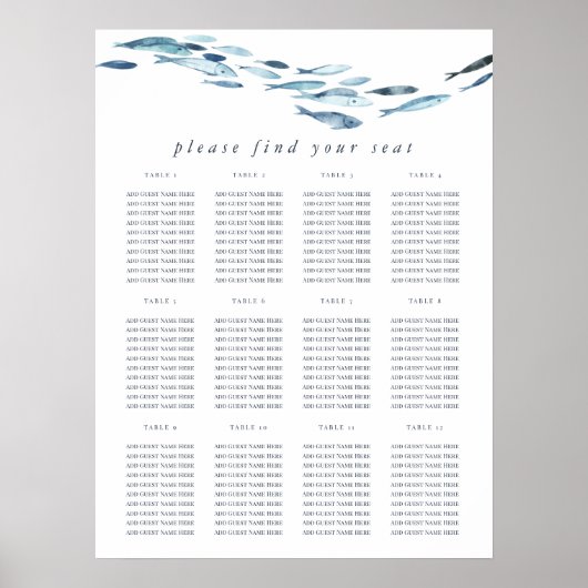 Kust Blauwe Waterverf Vis Zitting Grafiek Poster (Voorkant)