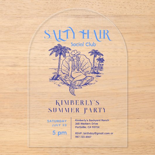 Kust Blauwe Zeemeermin Cowgirl Summer Party Acryl Uitnodigingen (Voorkant)