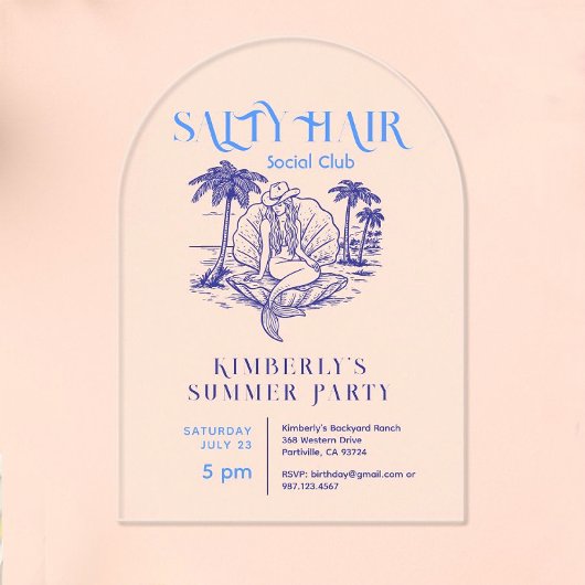 Kust Blauwe Zeemeermin Cowgirl Summer Party Acryl Uitnodigingen