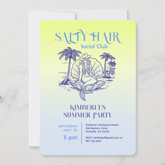 Kust Blauwe Zeemeermin Cowgirl Summer Party Kaart (Voorkant)