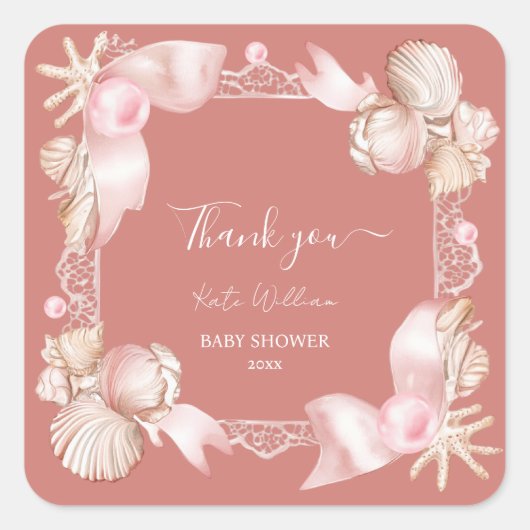 Kust Blush roze parel dank u Baby shower Vierkante Sticker (Voorkant)