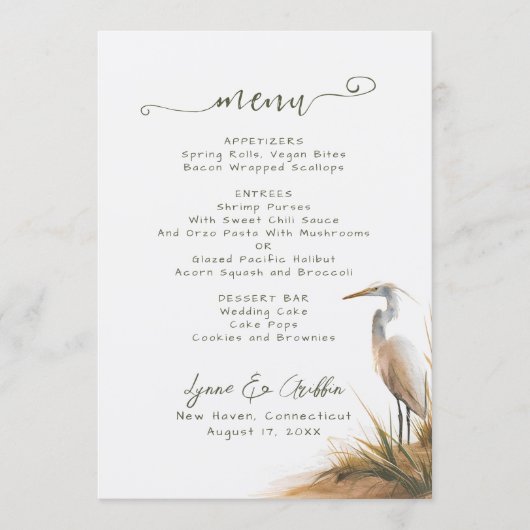 Kust Boho Zilverreiger Trouwmenu Menu (Voorkant)
