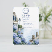 Kust Cape Cod Hydrangea Cottage Bruiloft RSVP Kaartje (Staand voorkant)